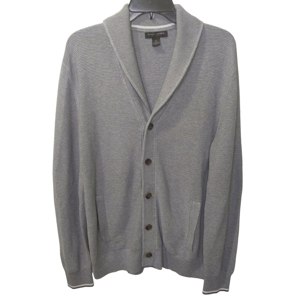 Banana Republic Men's Tipped Supima Cotton Button Cardigan Large Med Grey Pocket - Picture 1 of 11